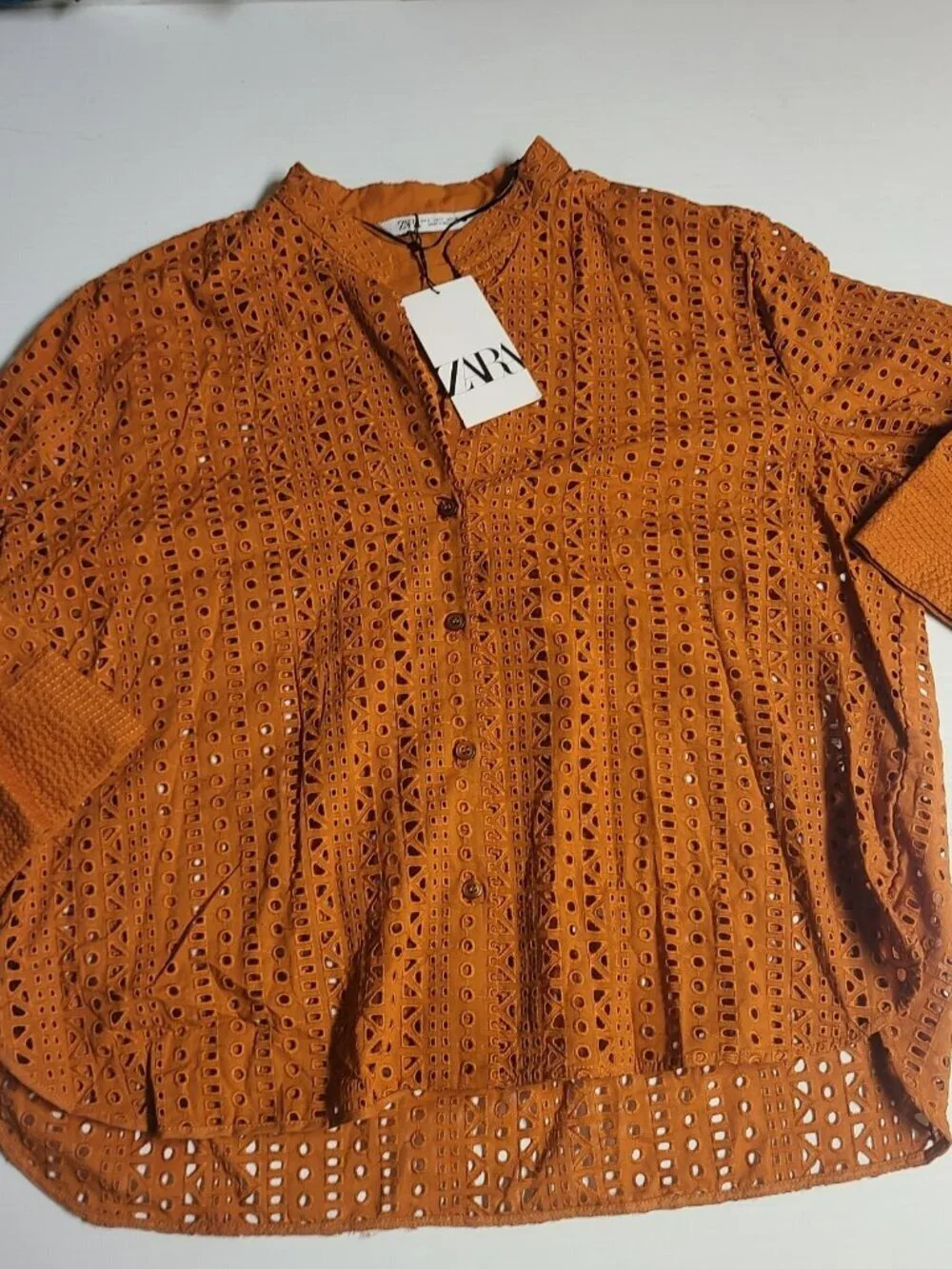 Zara Shirt Large Burnt Orange Eyelet 3112 913 3/4 Sleeve